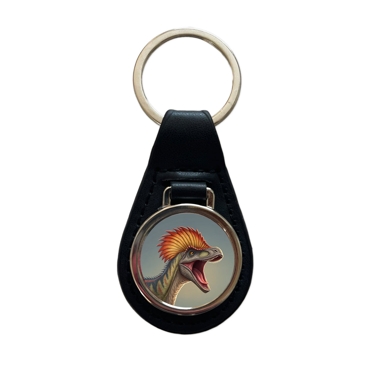 Roaring Dilophosaurus Dinosaur Black Leather Metal Keychain