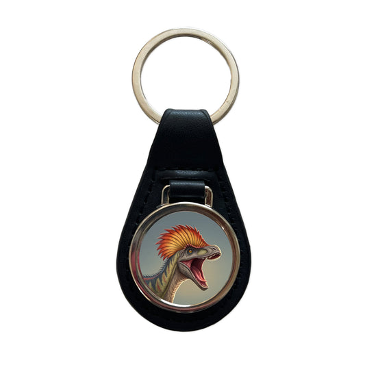 Roaring Dilophosaurus Dinosaur Black Leather Metal Keychain