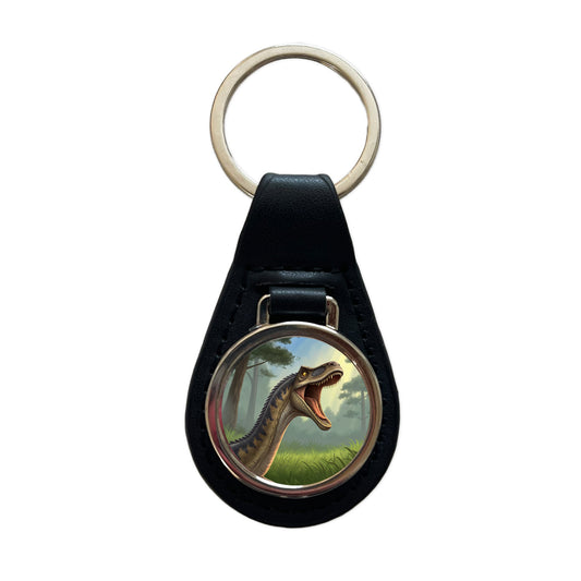Roaring Diplodocus Dinosaur Forest Black Leather Metal Keychain