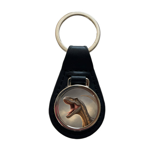 Roaring Diplodocus Dinosaur Black Leather Metal Keychain