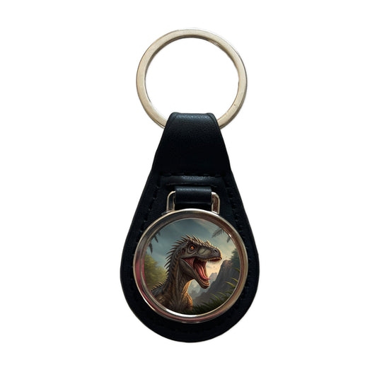 Roaring Eoraptor Dinosaur Scary Black Leather Metal Keychain
