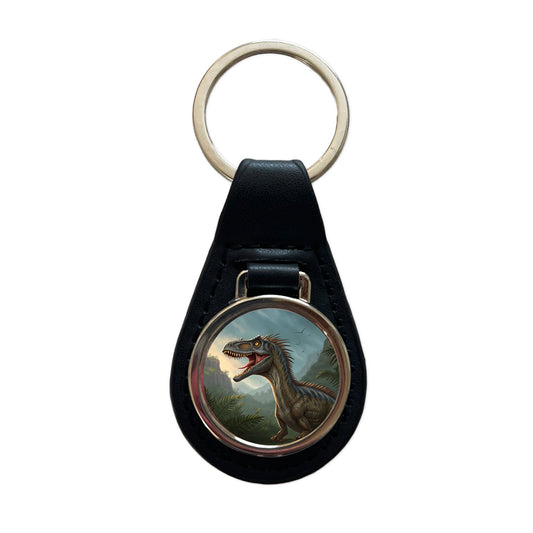 Roaring Eoraptor Dinosaur Black Leather Metal Keychain
