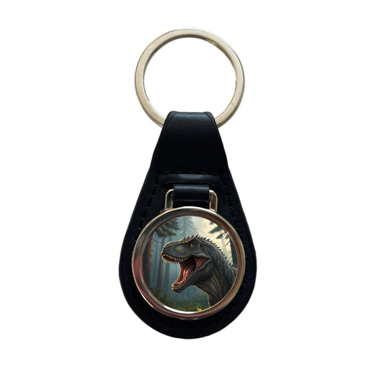Roaring Giganotosaurus Dinosaur Black Leather Metal Keychain
