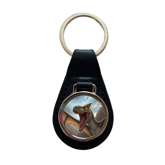 Roaring Pterodactylus Dinosaur Flying Black Leather Metal Keychain