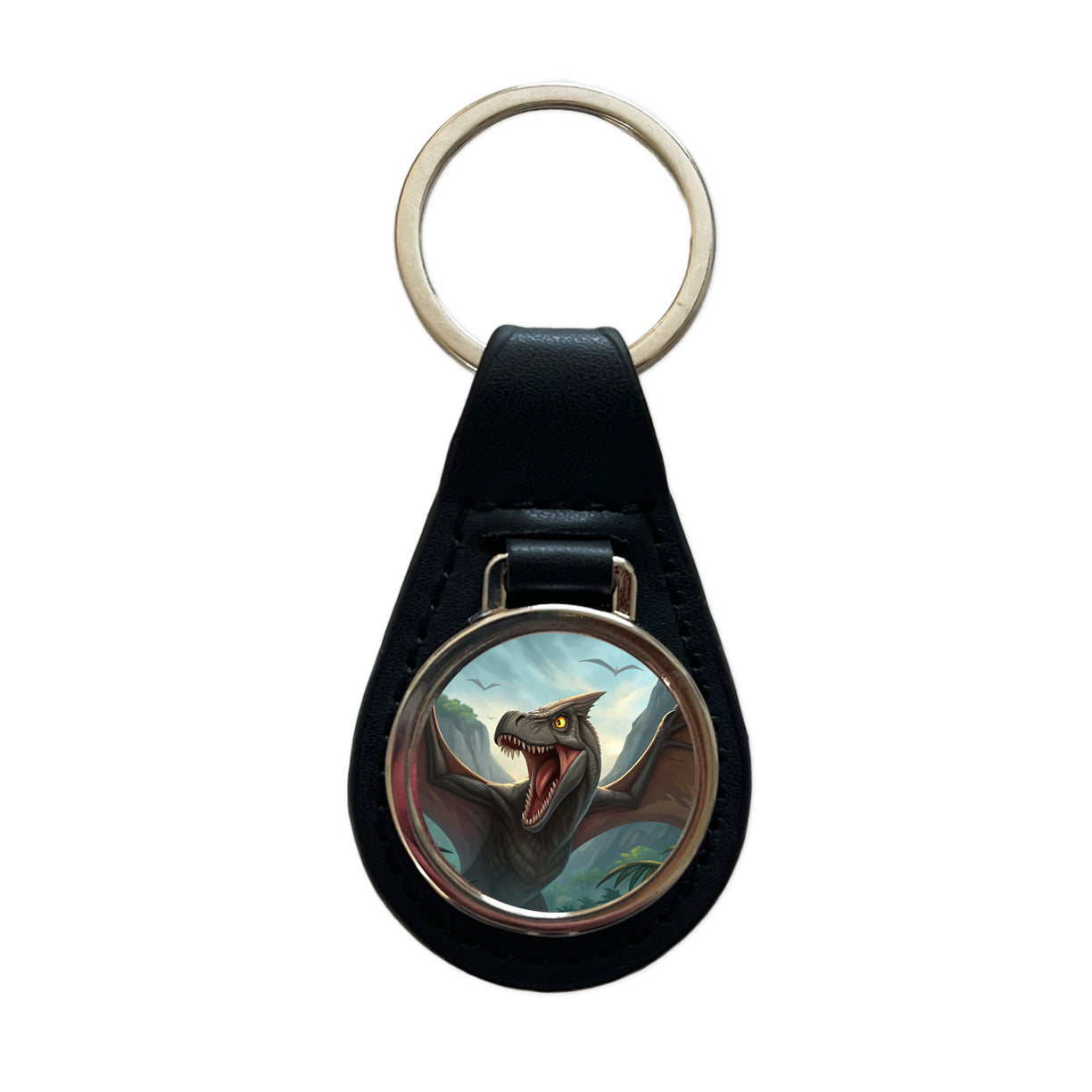 Roaring Pterodactylus Dinosaur Black Leather Metal Keychain