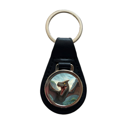 Roaring Pterodactylus Dinosaur Black Leather Metal Keychain