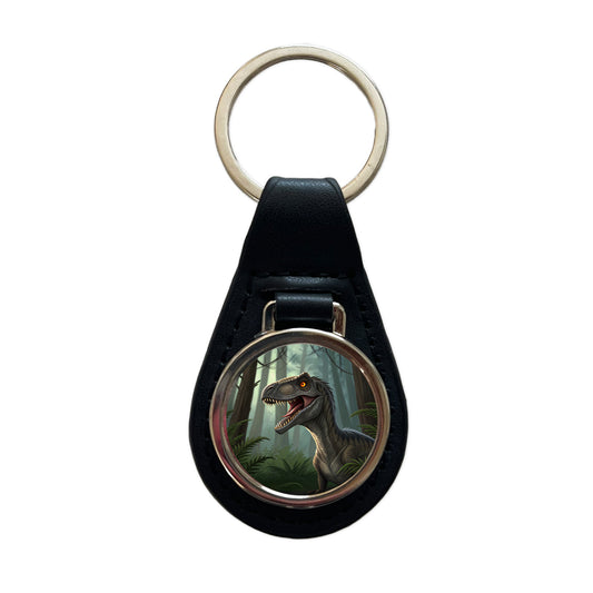 Roaring Raptor Dinosaur Forest Black Leather Metal Keychain