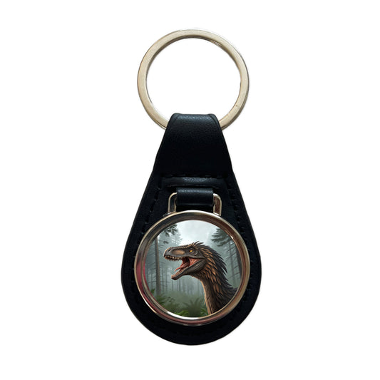 Roaring Raptor Dinosaur Black Leather Metal Keychain