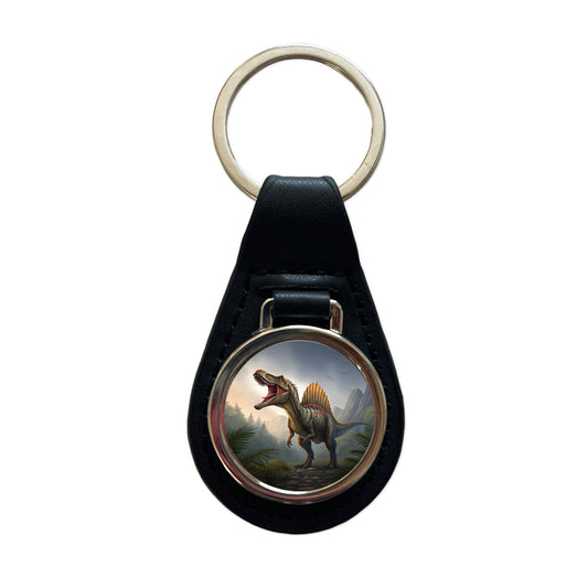 Roaring Spinosaurus Dinosaur Mountains Black Leather Metal Keychain