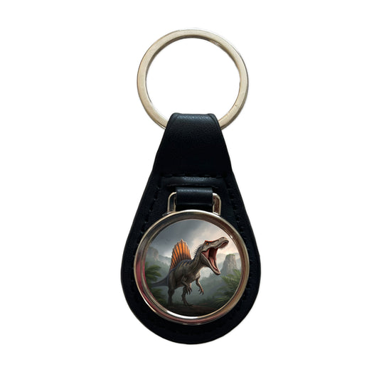Roaring Spinosaurus Dinosaur Scary Black Leather Metal Keychain