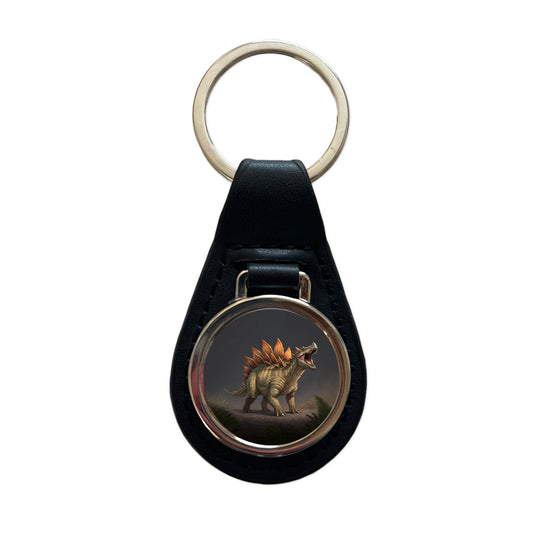 Roaring Stegosaurus Dinosaur Protective Black Leather Metal Keychain