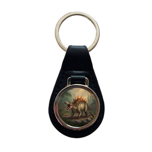 Roaring Stegosaurus Dinosaur Scary Black Leather Metal Keychain