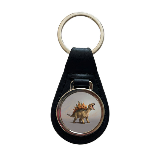 Roaring Stegosaurus Dinosaur Black Leather Metal Keychain