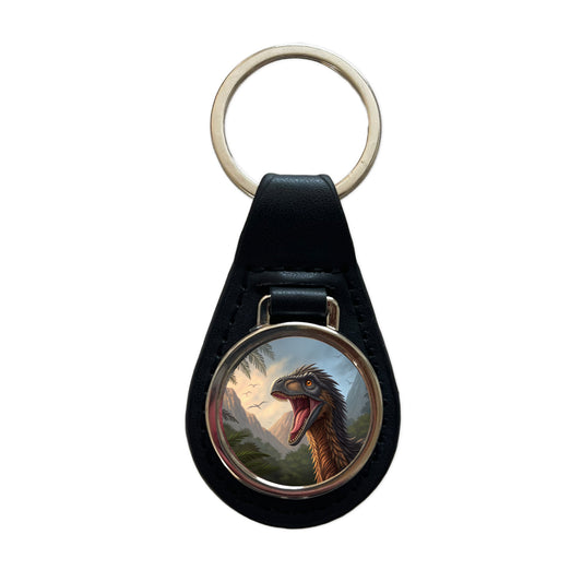 Roaring Therizinosaurus Dinosaur Jungle Black Leather Metal Keychain