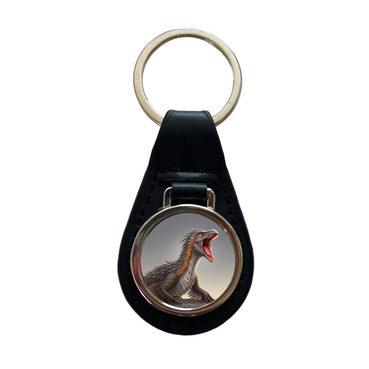 Roaring Therizinosaurus Dinosaur Scary Black Leather Metal Keychain