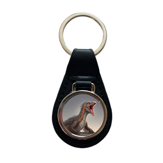 Roaring Therizinosaurus Dinosaur Scary Black Leather Metal Keychain