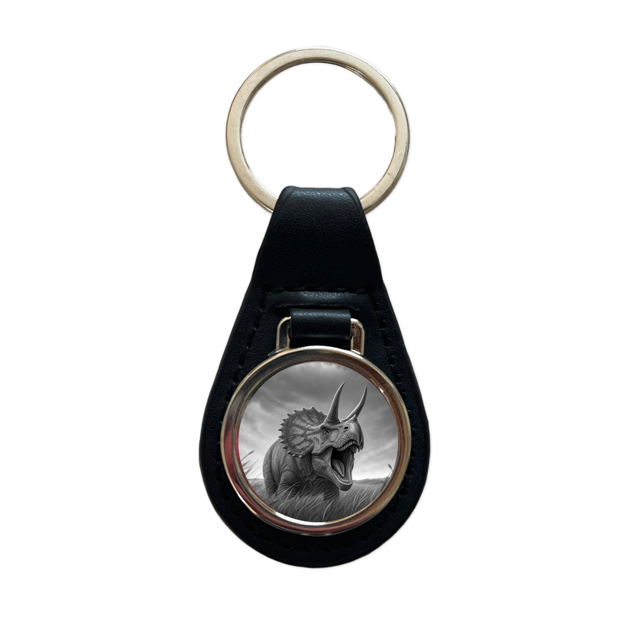 Roaring Triceratops Dinosaur Gray Black Leather Metal Keychain