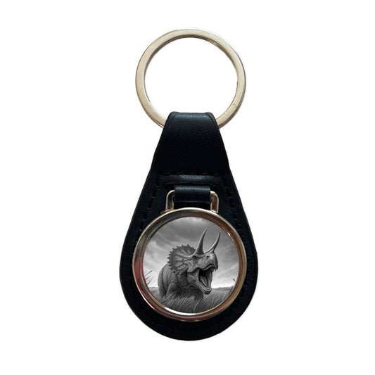 Roaring Triceratops Dinosaur Gray Black Leather Metal Keychain