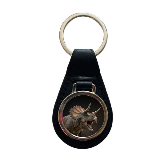 Roaring Triceratops Dinosaur Realistic Black Leather Metal Keychain