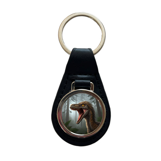 Roaring Troodon Dinosaur Forest Black Leather Metal Keychain