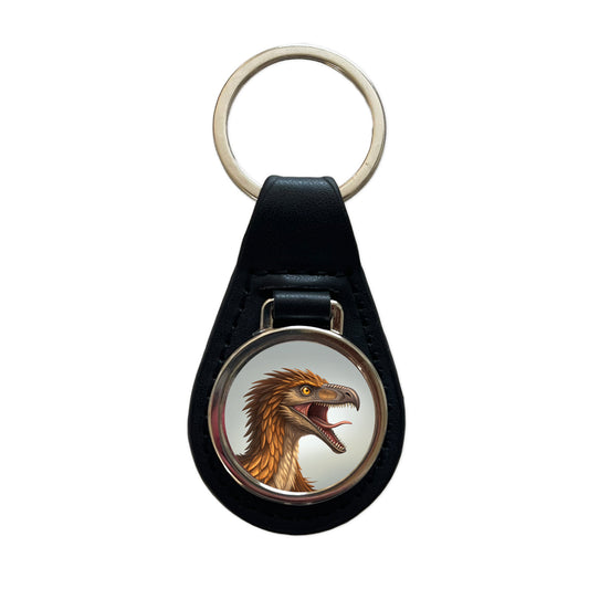 Roaring Troodon Dinosaur Black Leather Metal Keychain