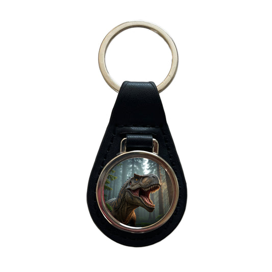 Roaring Tyrannosaurus Rex Dinosaur Scary Black Leather Metal Keychain