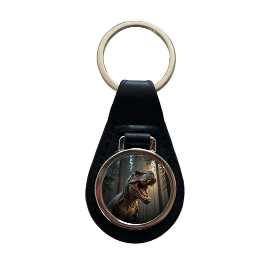 Roaring Tyrannosaurus Rex Dinosaur Black Leather Metal Keychain