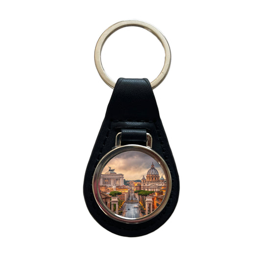 Rome Italy City Beautiful Travel Black Leather Metal Keychain