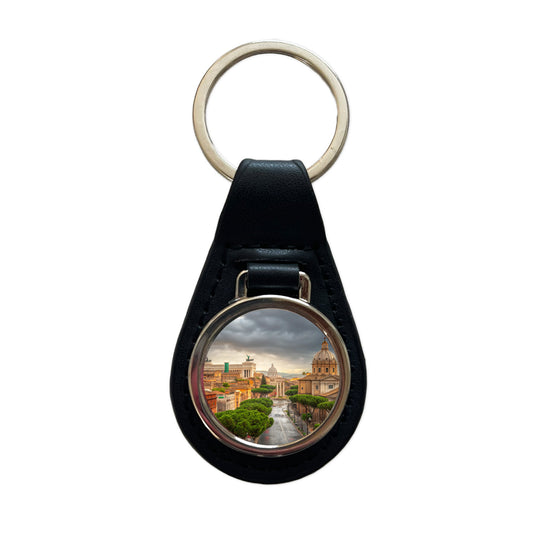 Rome Italy City Travel History Black Leather Metal Keychain