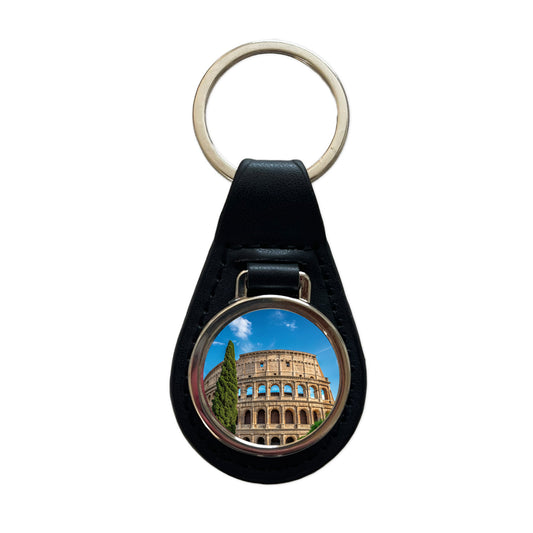 Rome Italy Colosseum Travel History Black Leather Metal Keychain