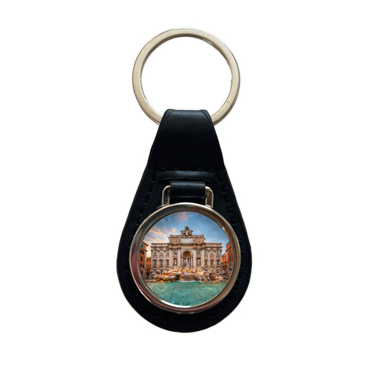 Rome Italy Trevi Fountain Travel History Black Leather Metal Keychain