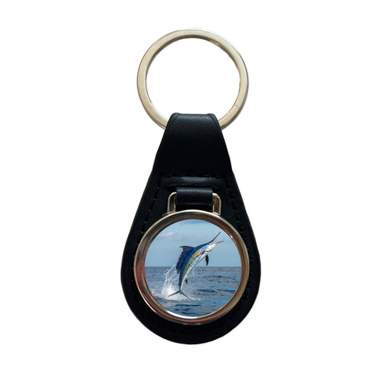 Sailfish Jumping Fishing Black Leather Metal Keychain