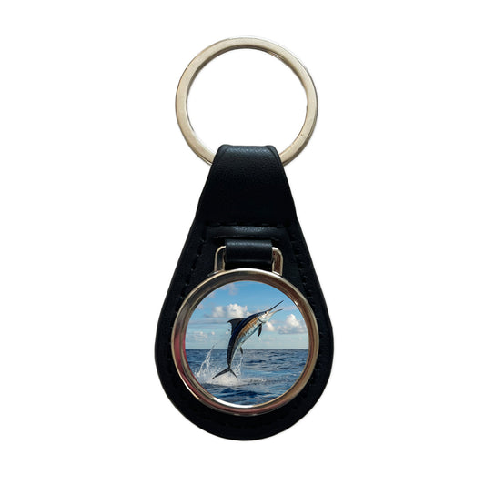 Sailfish Jumping Sea Fishing Black Leather Metal Keychain