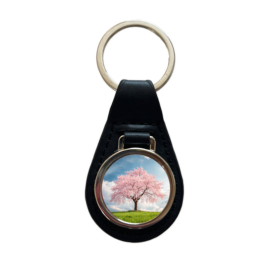Sakura Cherry Blossom Tree Japan Beautiful Flowers Black Leather Metal Keychain