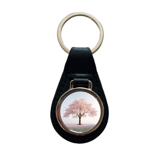 Sakura Cherry Blossom Tree Pink Flower Black Leather Metal Keychain