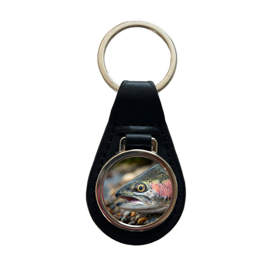 Salmon Fish Eye Close Up Fishing Black Leather Metal Keychain