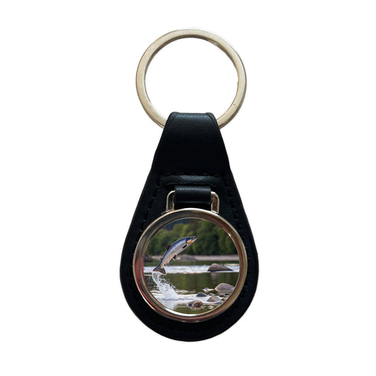Salmon Fish Jumping Fishing Black Leather Metal Keychain