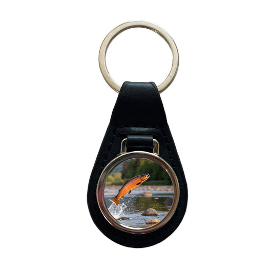 Salmon Fish Jumping River Fishing Black Leather Metal Keychain