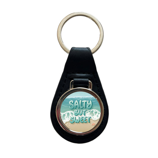 Salty But Sweet Sea Foam Ocean Beach Black Leather Metal Keychain