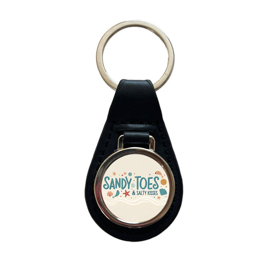 Sandy Toes Salty Kisses Ocean Beach Shells Black Leather Metal Keychain