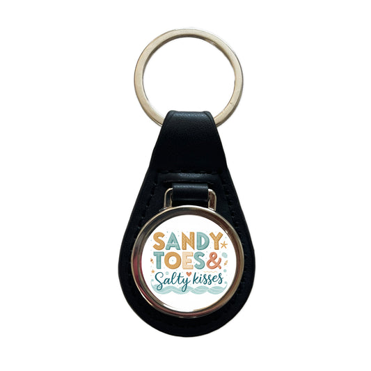 Sandy Toes Salty Kisses Ocean Beach Black Leather Metal Keychain