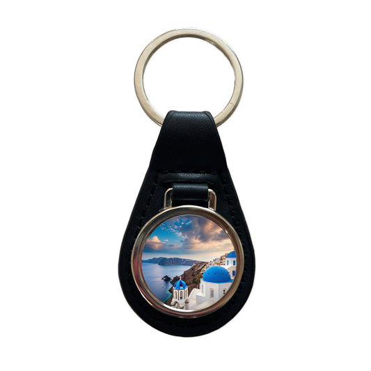 Santorini Greece Travel Beautiful Black Leather Metal Keychain