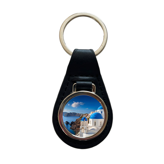 Santorini Greece Travel Stunning Black Leather Metal Keychain