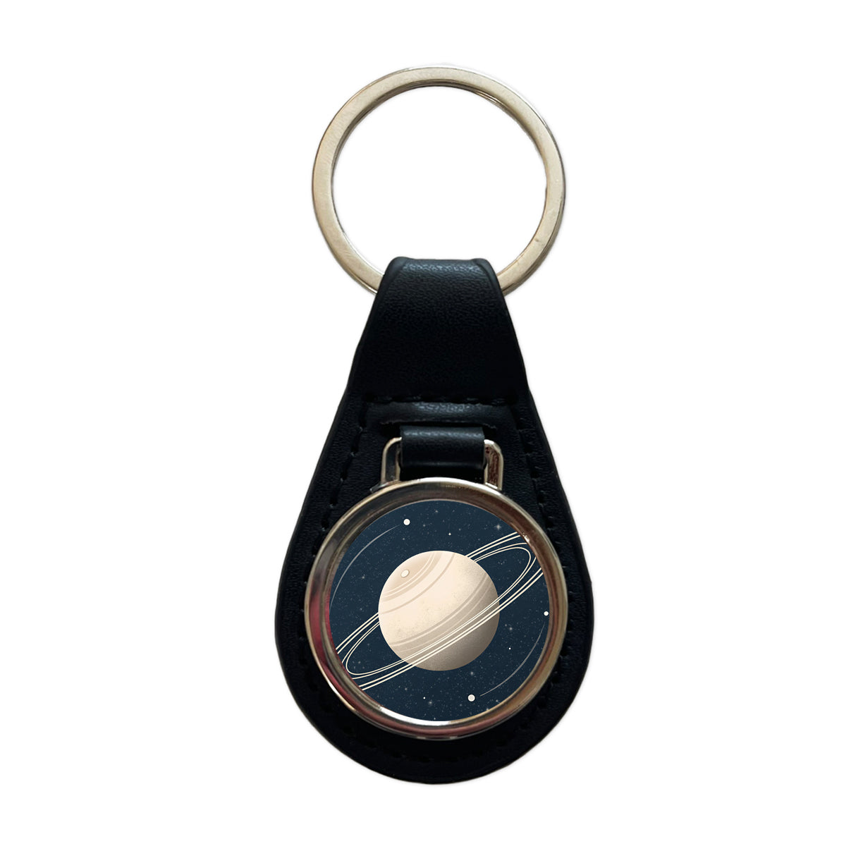 Saturn Planet Rings Space Black Leather Metal Keychain