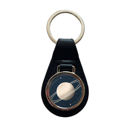 Saturn Planet Rings Space Black Leather Metal Keychain