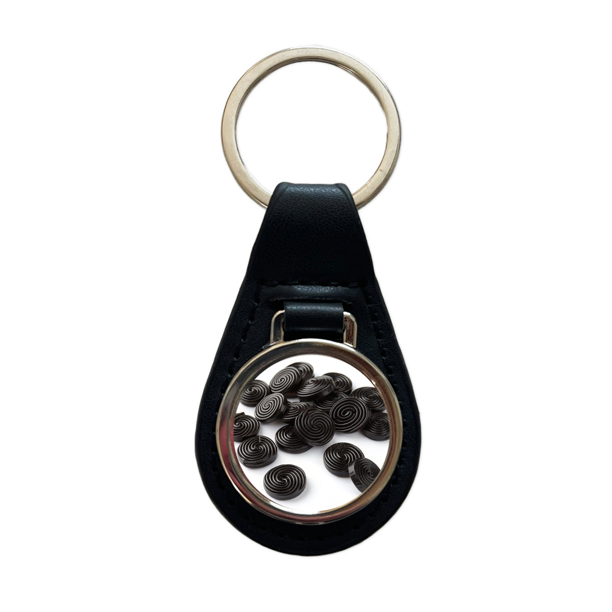 Scattered Black Licorice Black Leather Metal Keychain