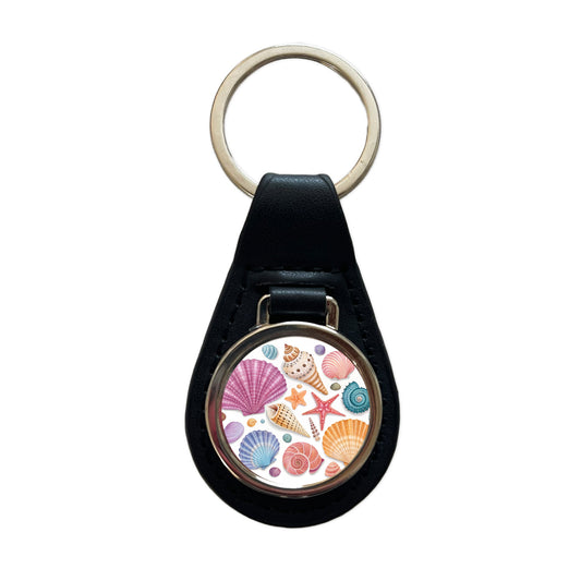 Seashell Collage Colorful Black Leather Metal Keychain