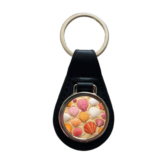 Seashells On Sandy Beach Background Black Leather Metal Keychain