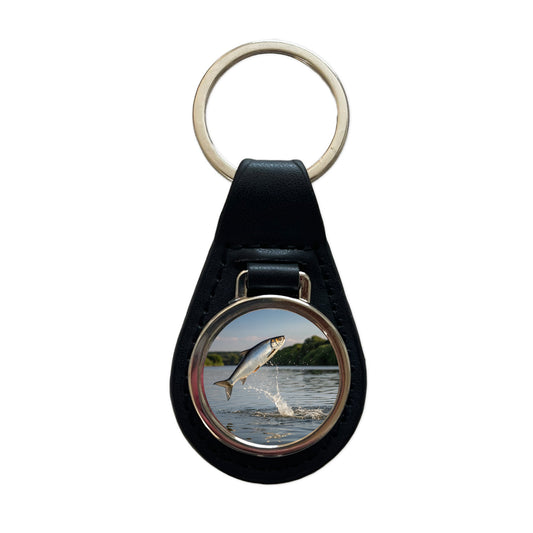 Shad Fish Jumping Fishing Black Leather Metal Keychain