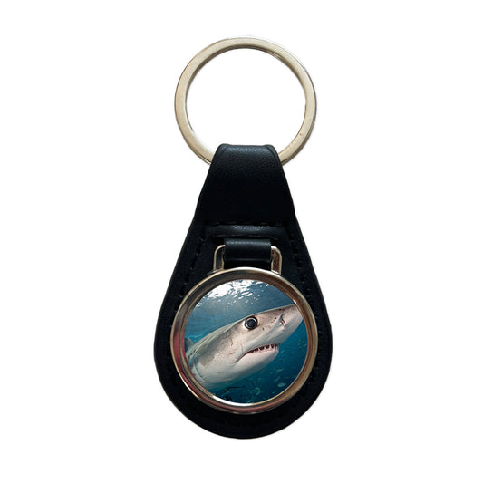 Shark Eye Close Up Ocean Black Leather Metal Keychain